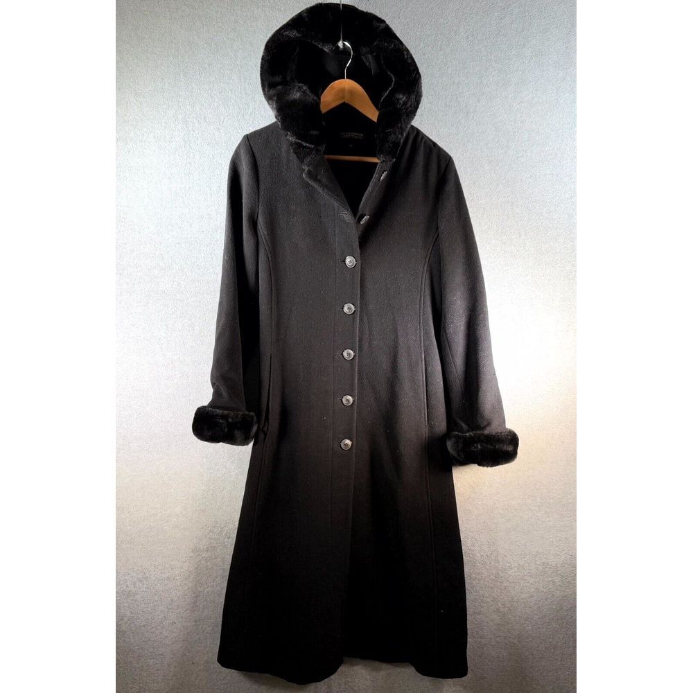 Donnybrook Wool Long Coat Women 10P Black‎ Lined Faux Fur Trimmed Hooded Outdoor